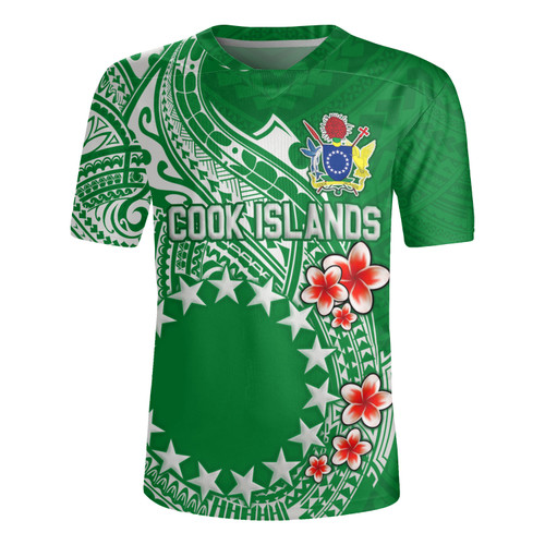 Cook Islands Rugby Jersey Plumeria Flowers Tribal Motif Design