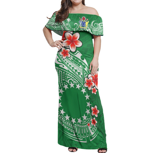 Cook Islands Off Shoulder Long Dress Plumeria Flowers Tribal Motif Design