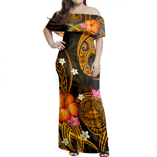 American Samoa Woman Off Shoulder Long Dress Tribal Polynesia Tropical Coat Of Arms
