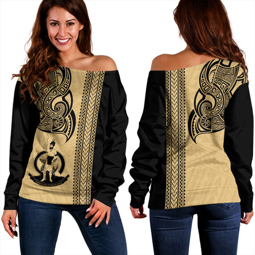 Vanuatu Off Shoulder Sweatshirt Polynesia Tribal Tattoo Gold