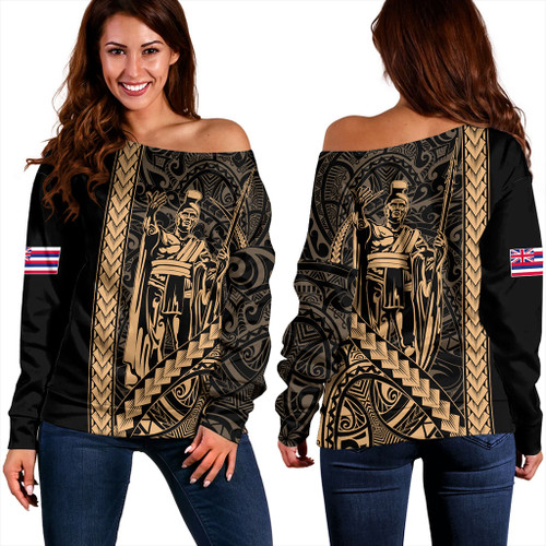 Hawaii Off Shoulder Sweatshirt Tribal Polynesian King Kamehameha