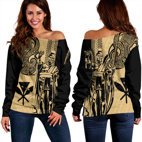 Hawaii Off Shoulder Sweatshirt Polynesian Tribal Tattoo King Kamehameha