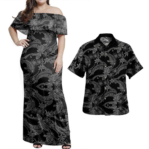 Polynesian Combo Dress And Shirt Polynesian Print Fabric And Flower Ver.1
