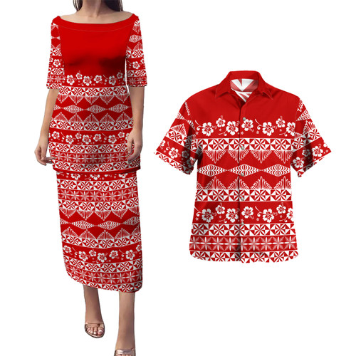 Tonga Combo Puletasi And Shirt Ngatu Pattern Tapa With Hibiscus