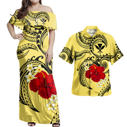 Hawaii Combo Dress And Shirt Polynesian Fabric Flower Tattoo Pattern