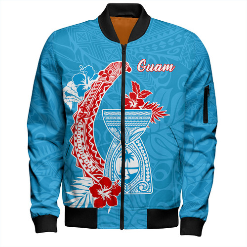 Guam Bomber Jacket Hook With Latte Stone Hibiscus Tropical Blue