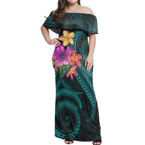 Polynesian Woman Off Shoulder Long Dress Turquoise Floral With Seal1