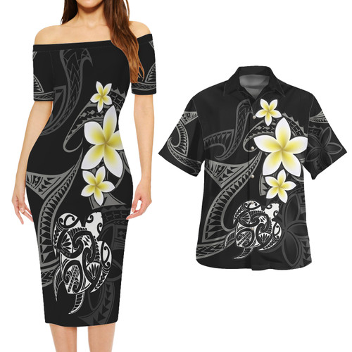 Polynesian Combo Short Sleeve Dress And Shirt Honu Plumeria Tribal Tattoo1