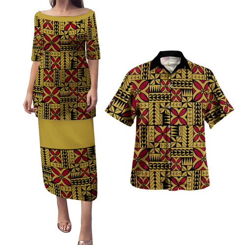 Samoa Combo Puletasi And Shirt Siapo Design Tribal Pattern Yellow