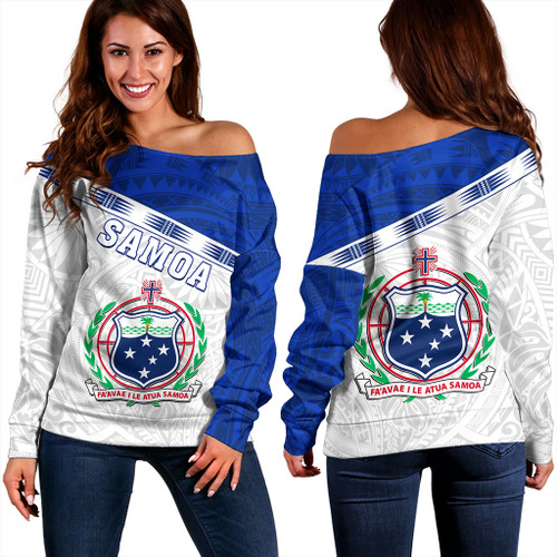 Samoa Off Shoulder Sweatshirt Coat Of Arms Tribal
