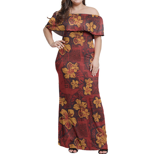 Hawaii Woman Off Shoulder Long Dress Polynesian Tribal And Hibiscus Vintage Red Gold1