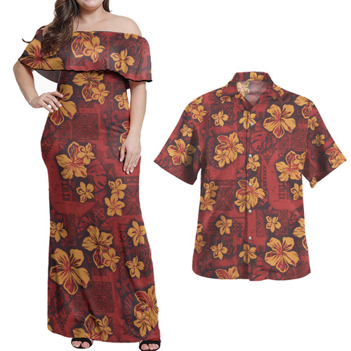 Hawaii Combo Off Shoulder Long Dress And Shirt Polynesian Tribal And Hibiscus Vintage Red Gold1