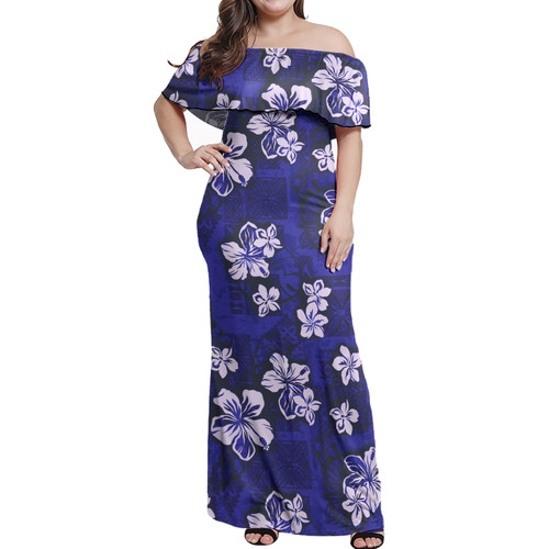 Hawaii Woman Off Shoulder Long Dress Polynesian Tribal And Hibiscus Vintage