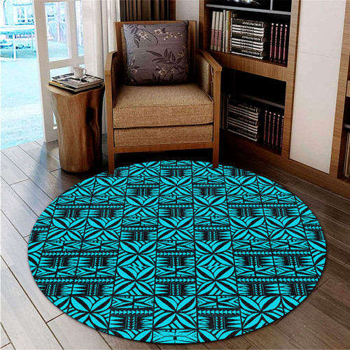 Samoa Round Rug Design Stretch Print Fabric Turquoise