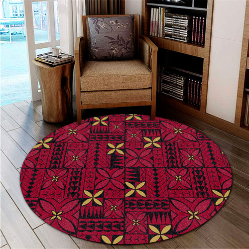 Samoa Round Rug Siapo Design Tribal Pattern Red