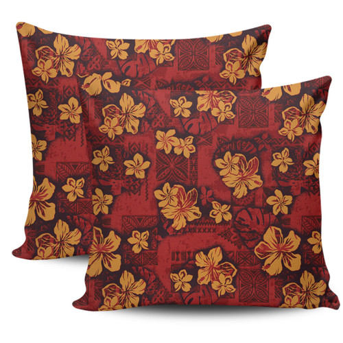 Hawaii Pillow Cover Polynesian Tribal And Hibiscus Vintage Red Gold1