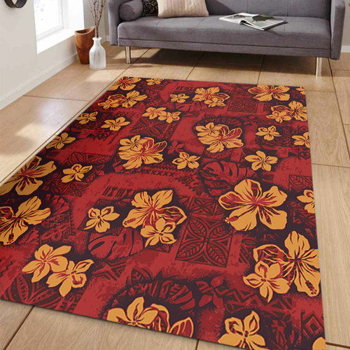 Hawaii Area Rug Polynesian Tribal And Hibiscus Vintage Red Gold1