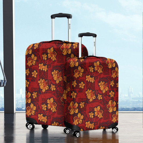 Hawaii Luggage Cover Polynesian Tribal And Hibiscus Vintage Red Gold1