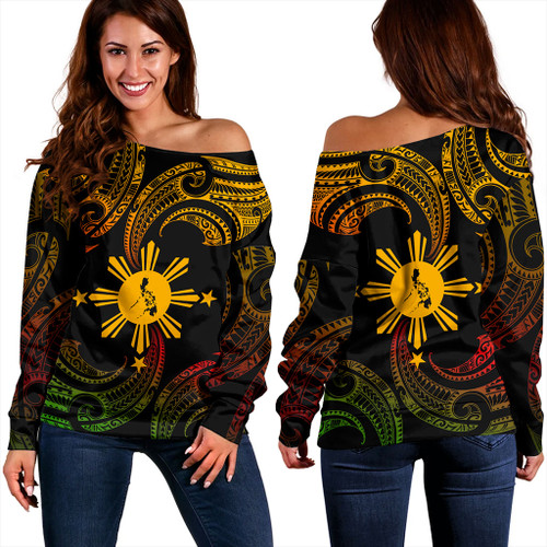 Philippines Filipinos Off Shoulder Sweatshirt Tribal Polynesian Wave Tattoo