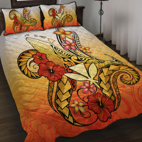 Hawaii Quilt Bed Set Humpback Whale with Hibiscus Plumeria1