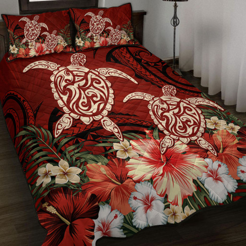 Hawaii Quilt Bed Set Polynesia Turtle Drawing Tropical Flower