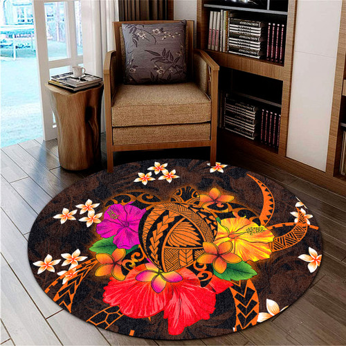 Hawaii Round Rug Polynesia Tribal Turtle Tropical Flower
