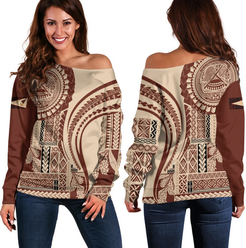 American Samoa Off Shoulder Sweatshirt Samoan Siapo Brown Design1
