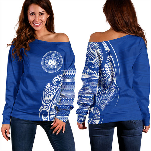 Samoa Off Shoulder Sweatshirt Polynesia Tribal Pattern Coat Of Arms
