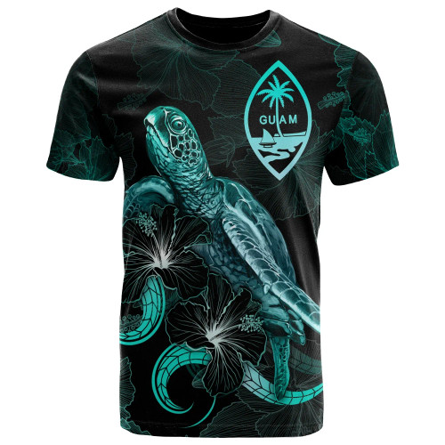 Guam Polynesian T-Shirt - Turtle With Blooming Hibiscus Turquoise 1
