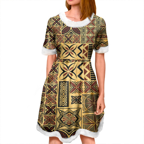 Samoa Women and Kid Christmas Dress Tapa Design Dobby Fabric