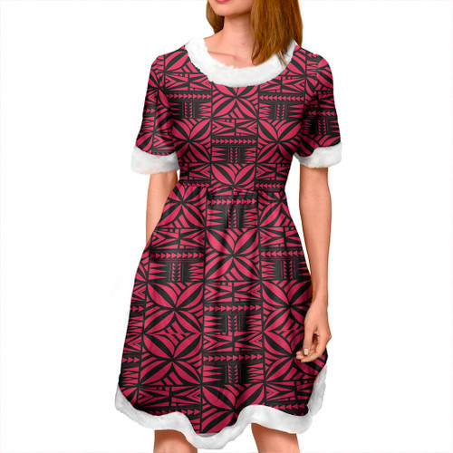 Samoa Women and Kid Christmas Dress Design Stretch Print Fabric Red