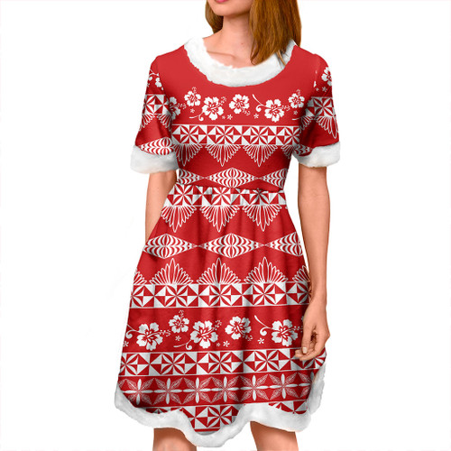 Tonga Women and Kid Christmas Dress Ngatu Design Pattern Hibiscus