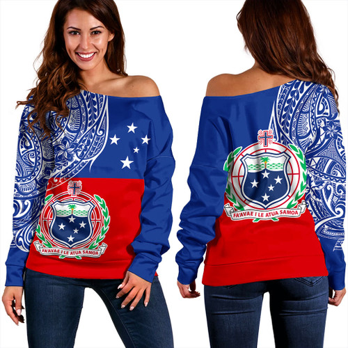 Samoa Off Shoulder Sweatshirt Tribal Polynesia Flag Half Concept