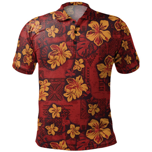 Hawaii Polo Shirt Polynesian Tribal And Hibiscus Vintage Red Gold1