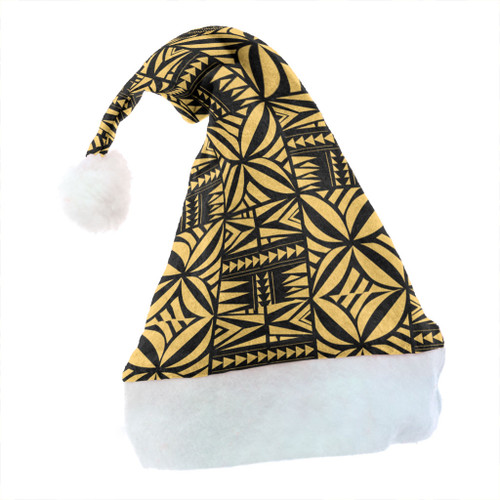 Samoa Christmas Hat Design Stretch Print Fabric Gold