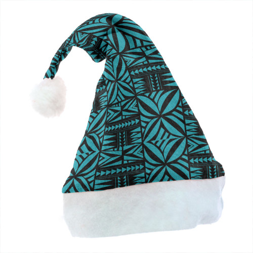 Samoa Christmas Hat Design Stretch Print Fabric Turquoise