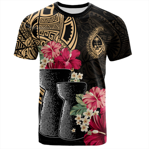 Guam T-Shirt Black Latte Stone With Hibiscus Flower Tribal