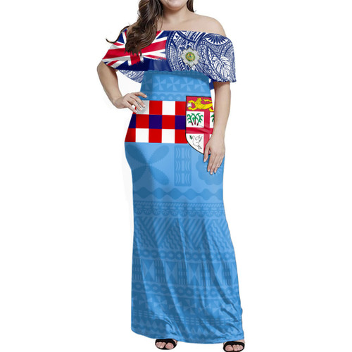Fiji Woman Off Shoulder Long Dress Fijian UK Flag With Coat Of Arms