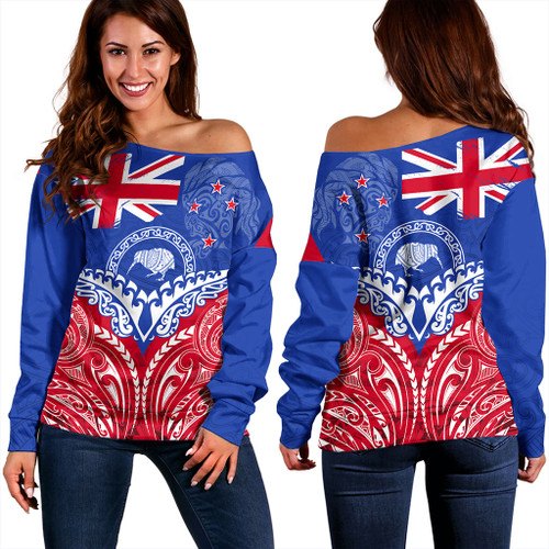 New Zealand Off Shoulder Sweatshirt Flag With Kiwi And Maori Pattern