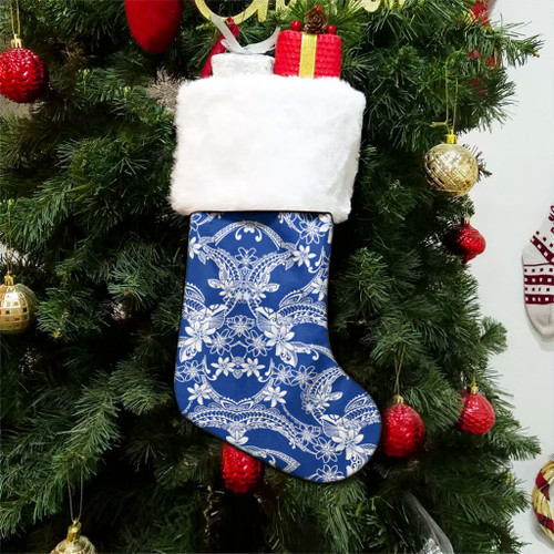 Hawaii Christmas Stocking Polynesian Print Fabric And Flower Blue