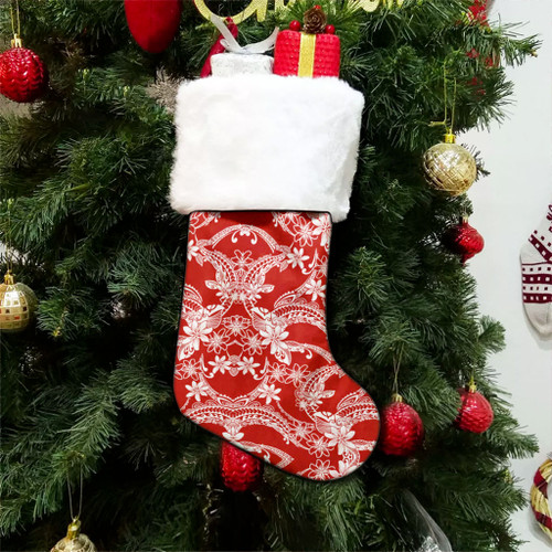Hawaii Christmas Stocking Polynesian Print Fabric And Flower Red