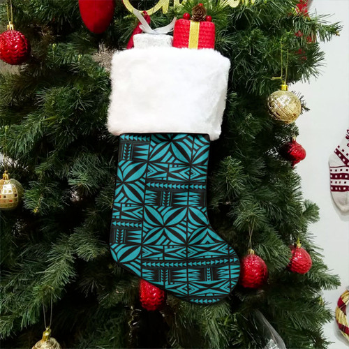 Samoa Christmas Stocking Design Stretch Print Fabric Turquoise
