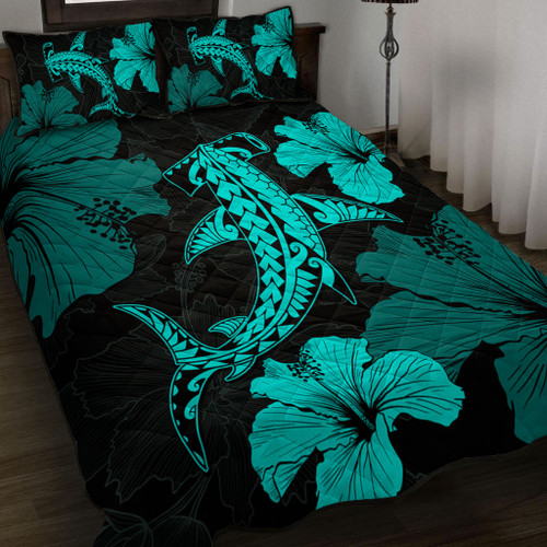 Hawaii Quilt Bed Set Hammerhead Shark Hibiscus Flower