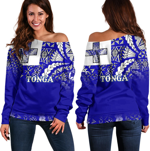 Tonga Off Shoulder Sweatshirt Tonga Blue Color With Traditional Patterns1