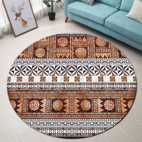 Fiji Round Rug Fijian Tapa Pattens Brown Color Vintage Design1