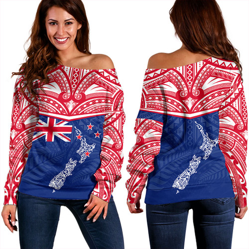 New Zealand Off Shoulder Sweatshirt Flag With Map And Maori Pattern
