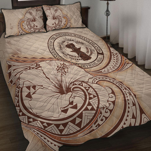 Northern Mariana Islands Quilt Bed Set Hibiscus Flower Vintage Style1