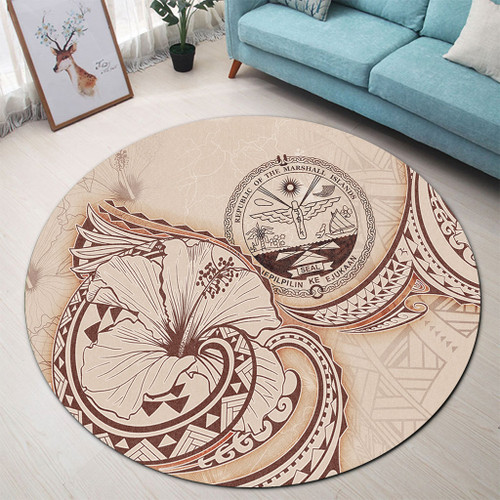 Marshall Islands Round Rug Hibiscus Flower Vintage Style1