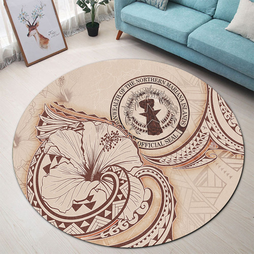 Northern Mariana Islands Round Rug Hibiscus Flower Vintage Style1