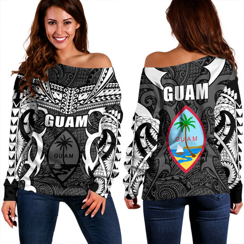 Guam Off Shoulder Sweatshirt Coat Of Arms Tribal Tattoo Concept
